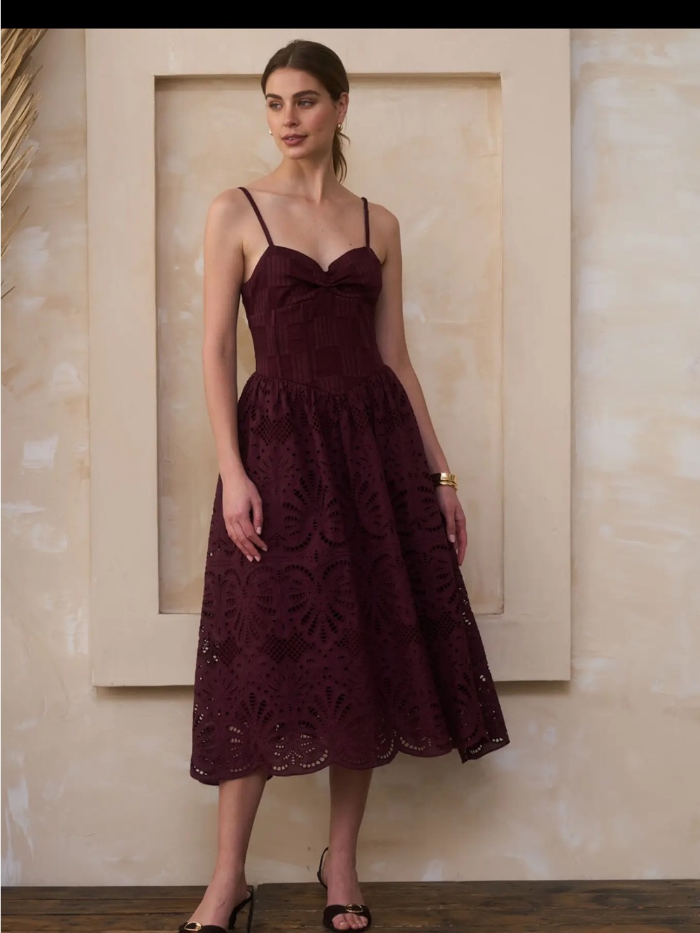 Moon River Burgundy Eyelet Spaghetti-Strap Midi Dress